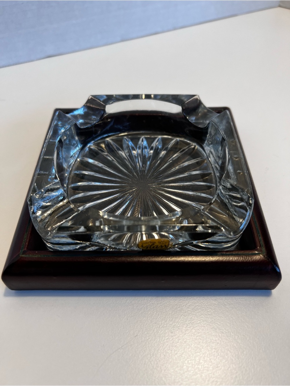 Vintage Bohemia Glass Crystal Ashtray with Leather/Wooden Stand Czechoslovakia